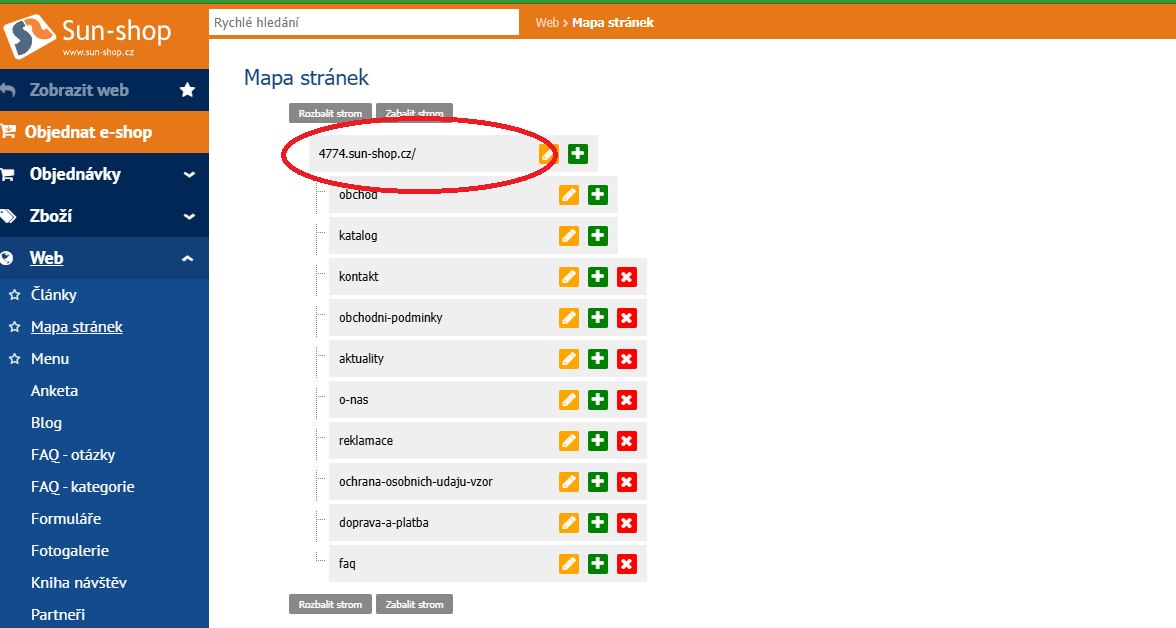 Mapa stránek administrace